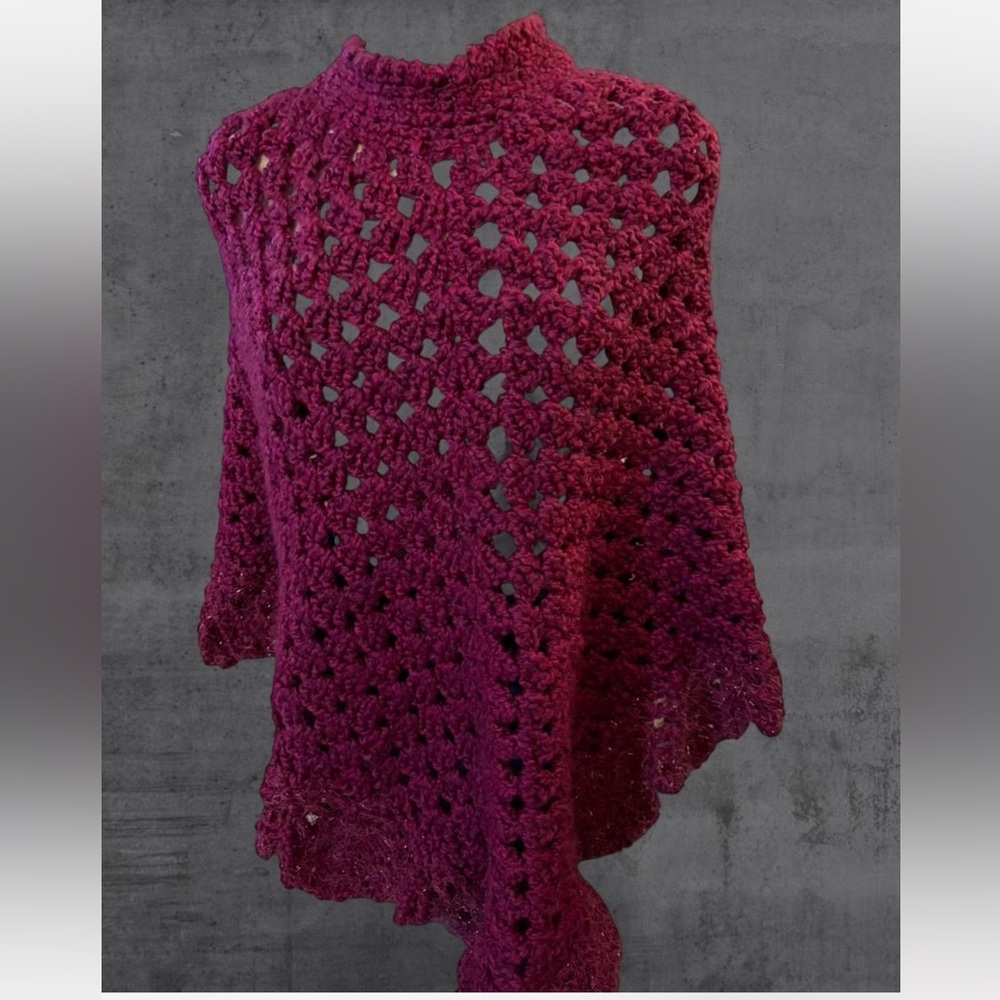 Magenta Purple Pink Open‎ Knit Boho Crochet Mock Neck Poncho